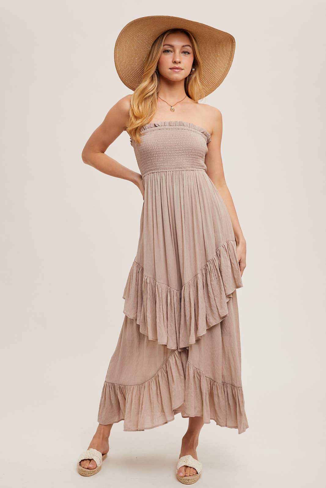 BOHO SMOCKED STRAPLESS TIERED RUFFLE MIDI DRESS
