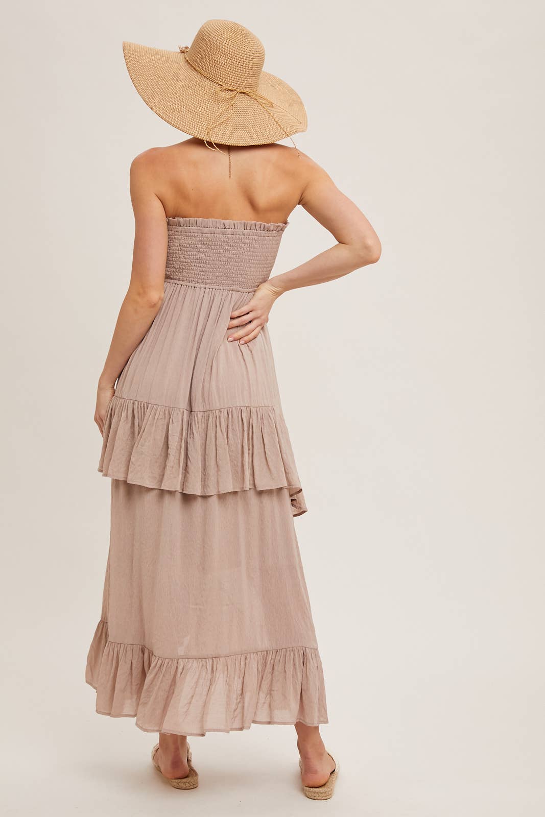 BOHO SMOCKED STRAPLESS TIERED RUFFLE MIDI DRESS