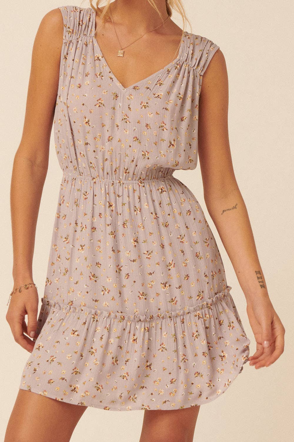 Floral V-Neck Sleeveless Elastic Waist Mini Dress