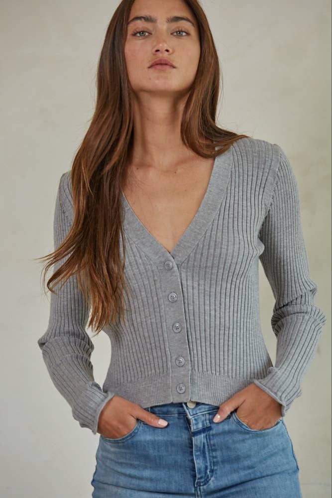 Knit Sweater Ribbed V-Neck Button Down Cardigan