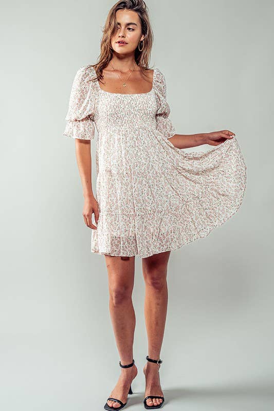 Romantic Off Shoulder Shirred Lace Mini White Dress