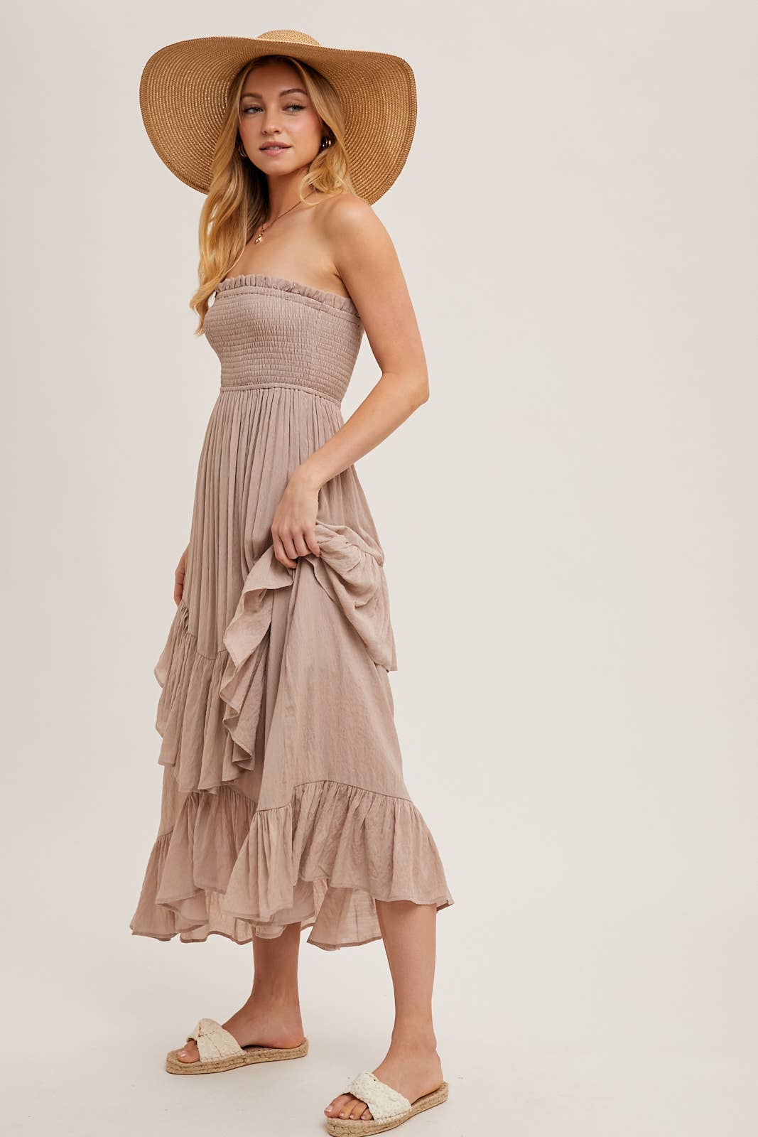 BOHO SMOCKED STRAPLESS TIERED RUFFLE MIDI DRESS