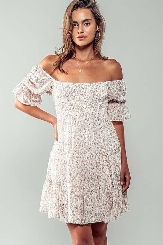 Romantic Off Shoulder Shirred Lace Mini White Dress