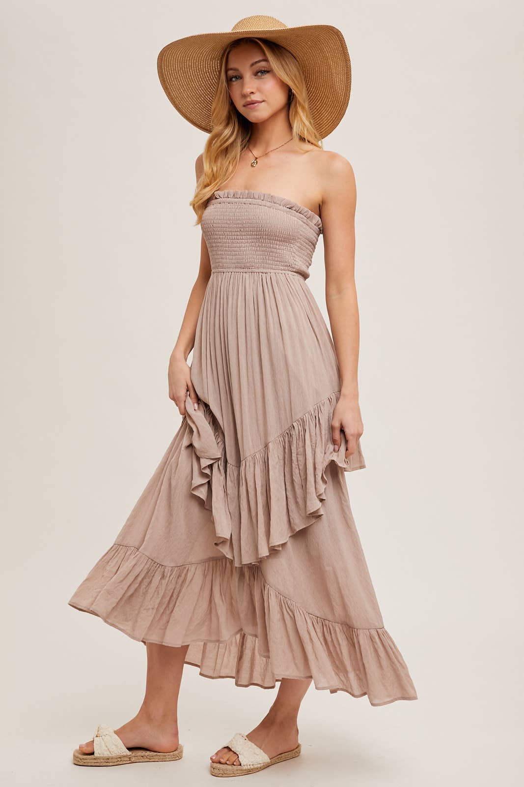 BOHO SMOCKED STRAPLESS TIERED RUFFLE MIDI DRESS