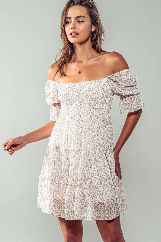 Romantic Off Shoulder Shirred Lace Mini White Dress
