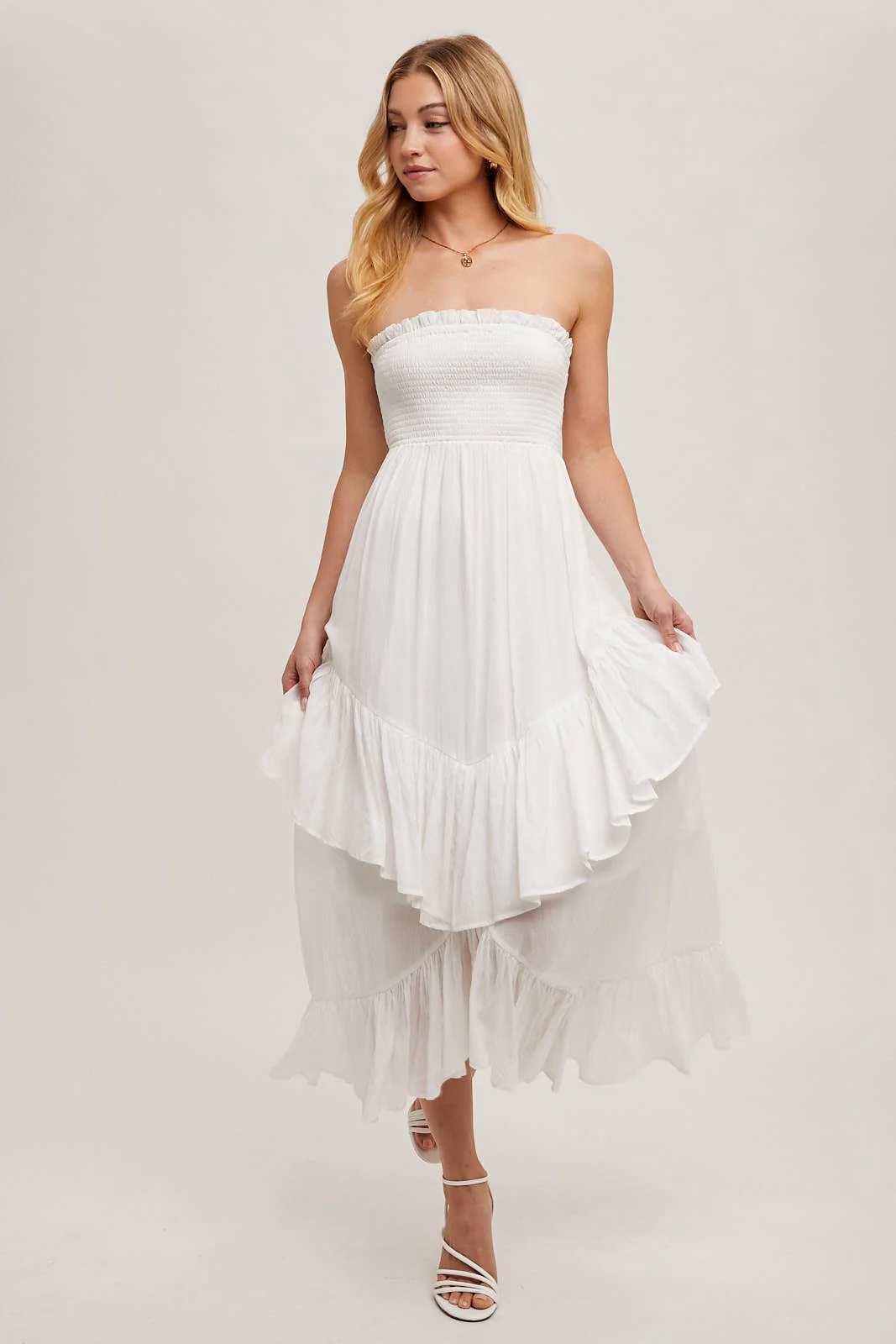 BOHO SMOCKED STRAPLESS TIERED RUFFLE MIDI DRESS