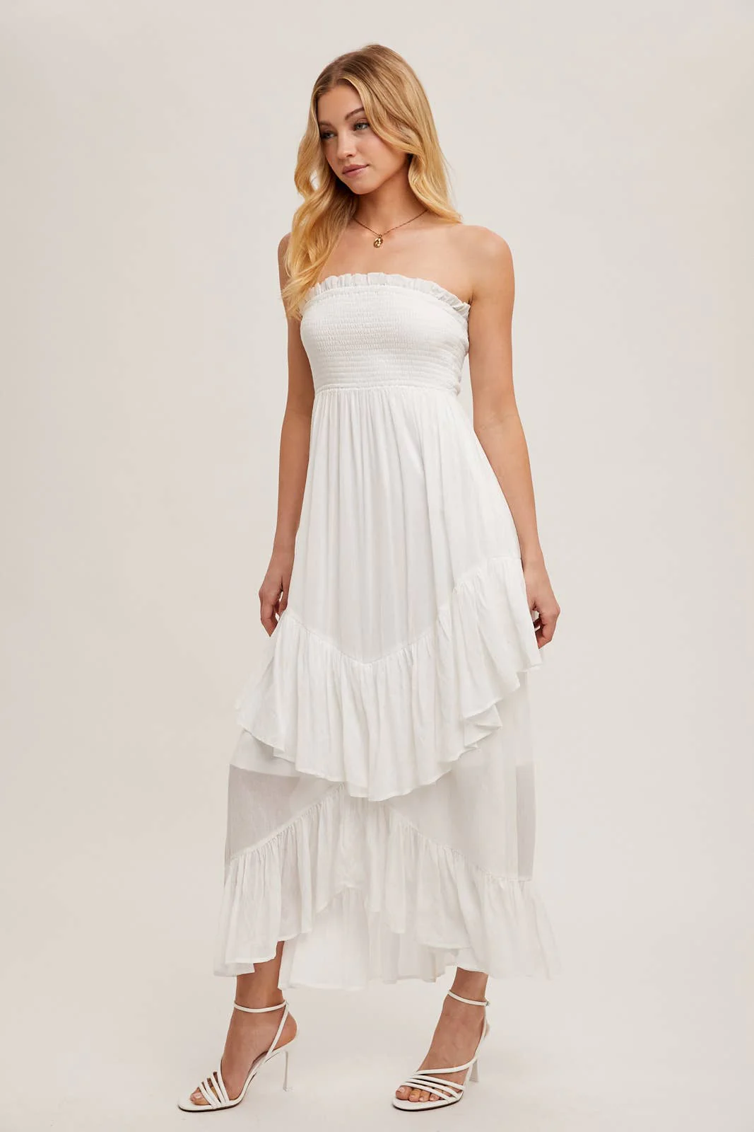 BOHO SMOCKED STRAPLESS TIERED RUFFLE MIDI DRESS