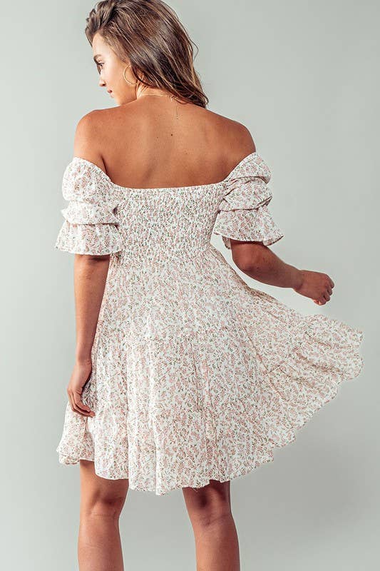 Romantic Off Shoulder Shirred Lace Mini White Dress