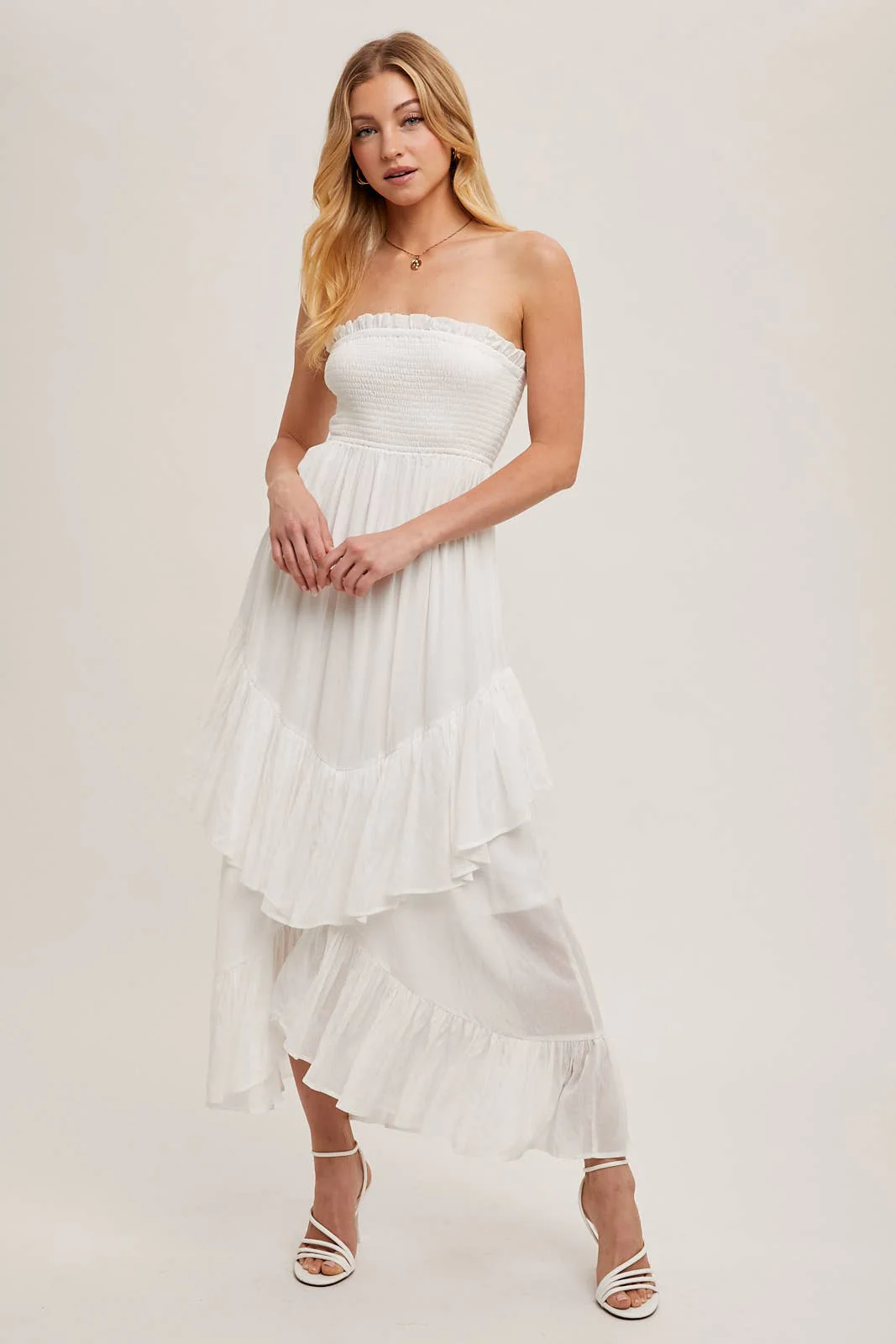 BOHO SMOCKED STRAPLESS TIERED RUFFLE MIDI DRESS