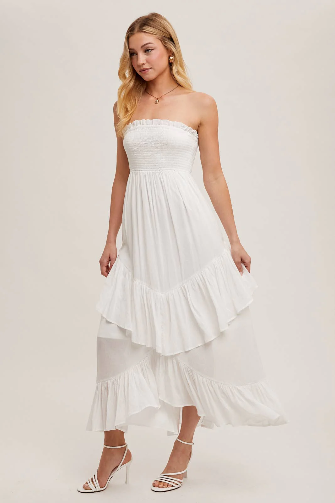 BOHO SMOCKED STRAPLESS TIERED RUFFLE MIDI DRESS