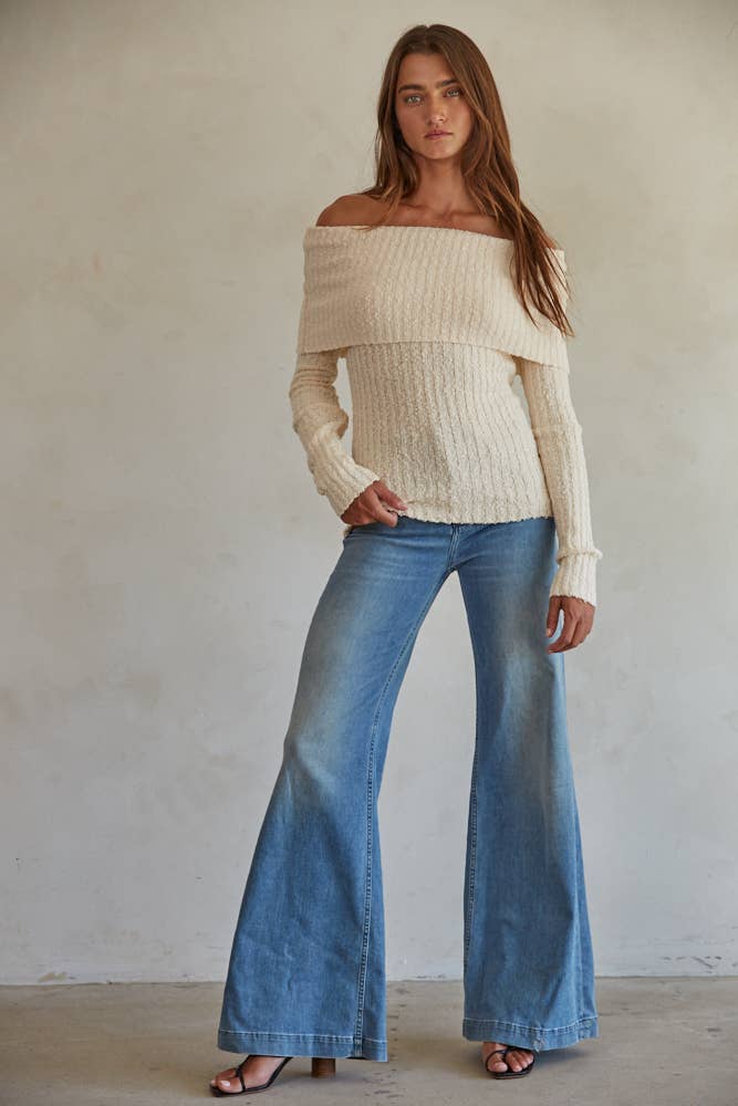 W1756 | Knit Sweater Off Shoulder Long Sleeve Top