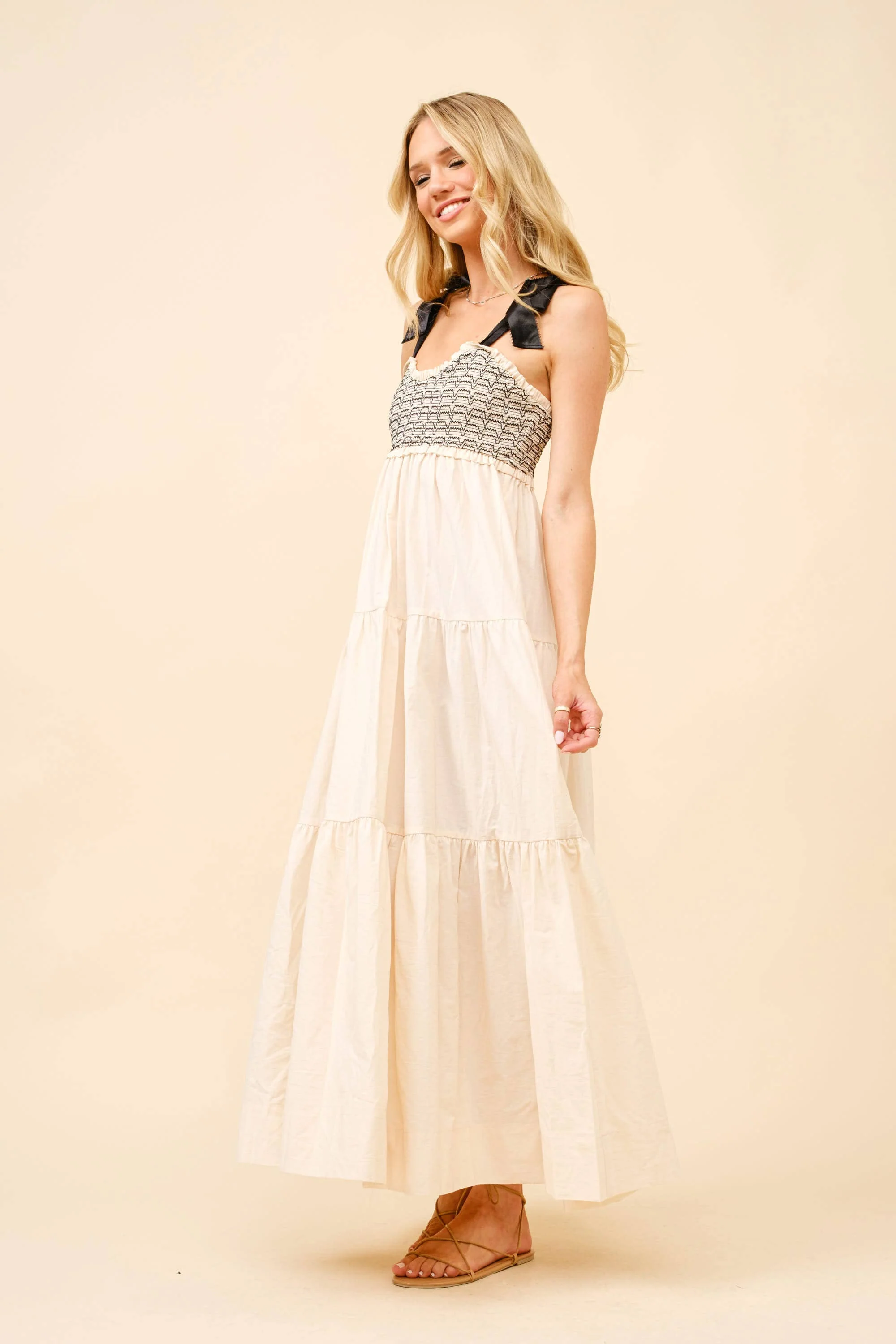 Smocked Ribbon Tie Maxi Dress