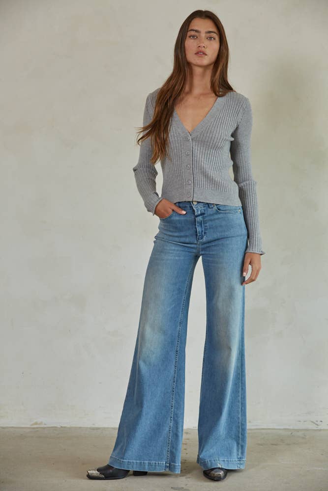 Knit Sweater Ribbed V-Neck Button Down Cardigan