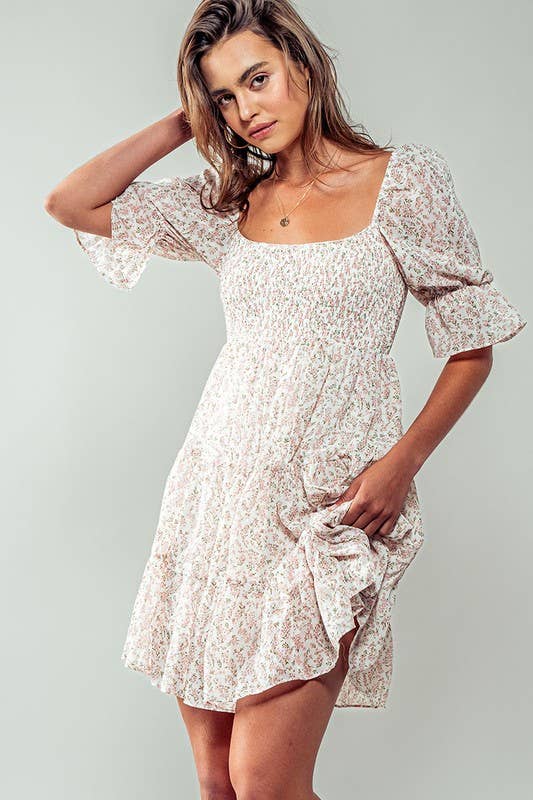 Romantic Off Shoulder Shirred Lace Mini White Dress