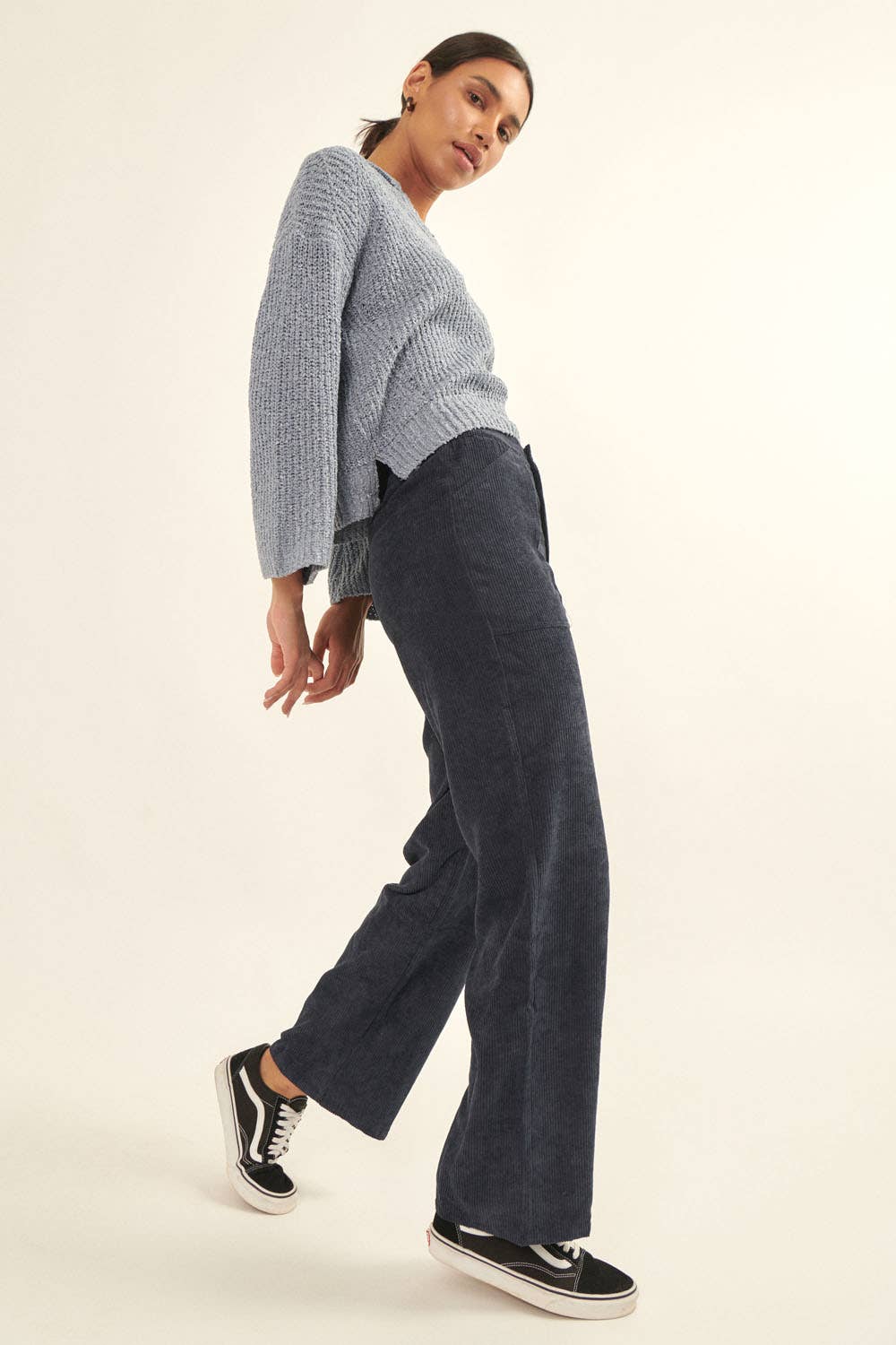 Solid Pleated Front Zip Up Fly Corduroy Pants