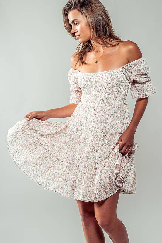Romantic Off Shoulder Shirred Lace Mini White Dress
