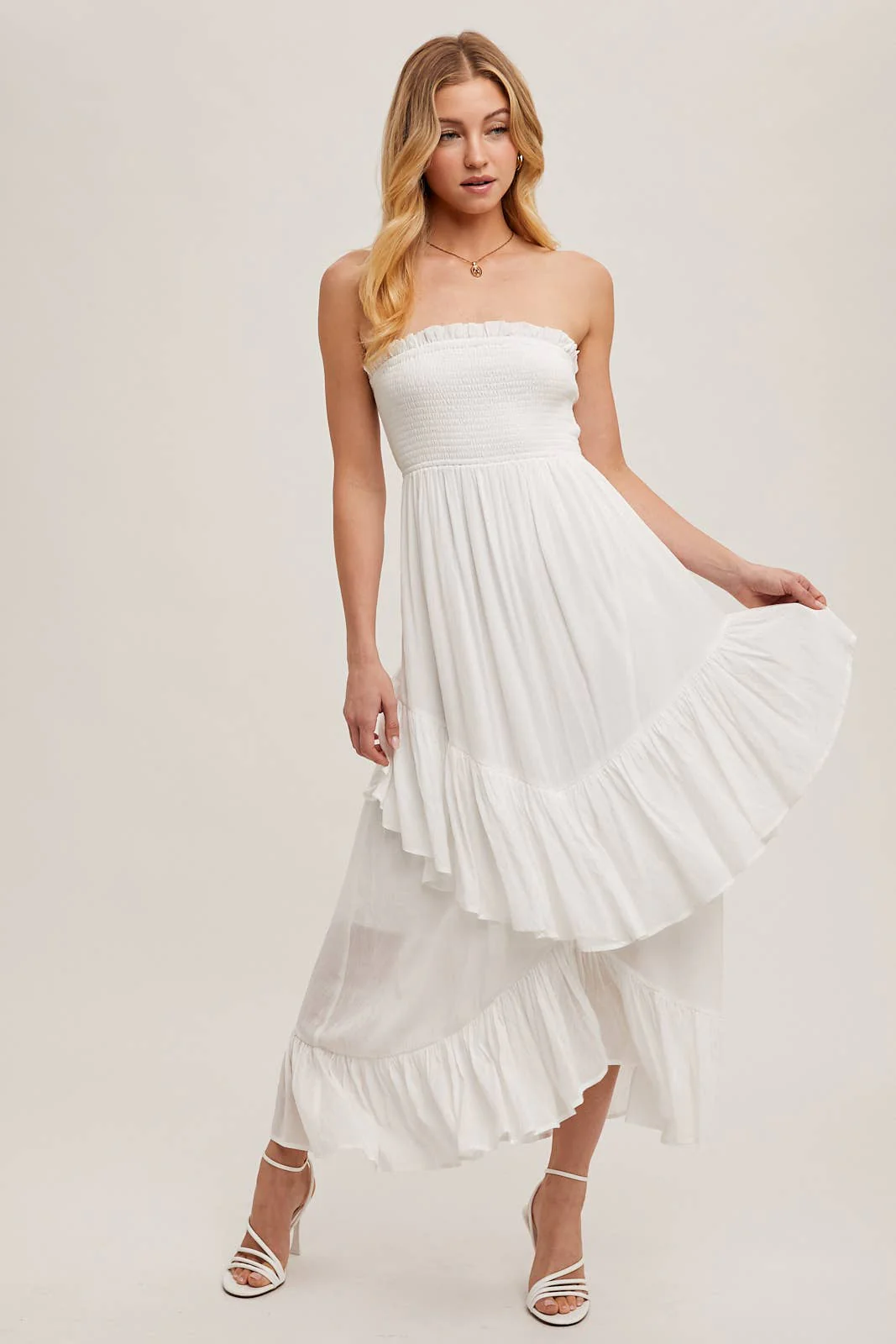 BOHO SMOCKED STRAPLESS TIERED RUFFLE MIDI DRESS