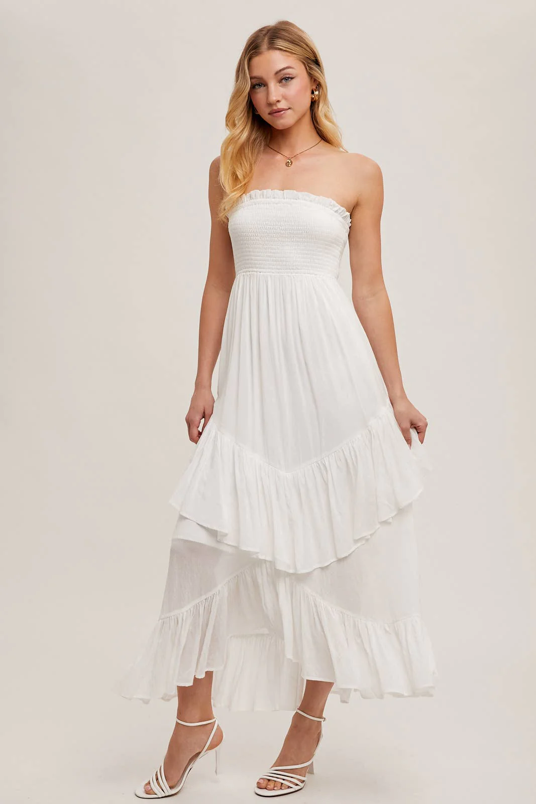 BOHO SMOCKED STRAPLESS TIERED RUFFLE MIDI DRESS