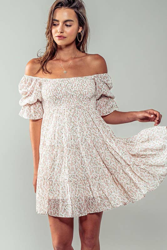 Romantic Off Shoulder Shirred Lace Mini White Dress