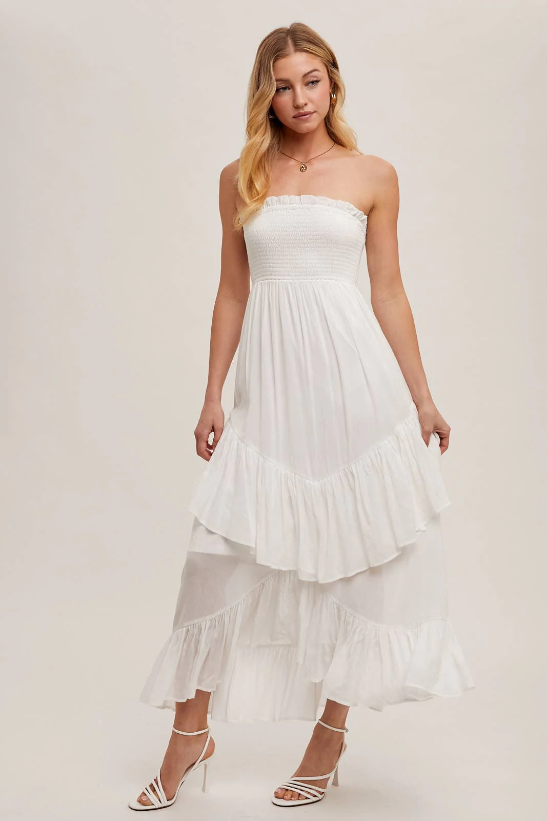 BOHO SMOCKED STRAPLESS TIERED RUFFLE MIDI DRESS