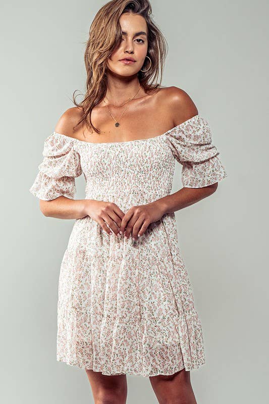 Romantic Off Shoulder Shirred Lace Mini White Dress