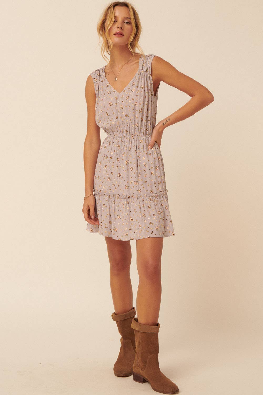 Floral V-Neck Sleeveless Elastic Waist Mini Dress